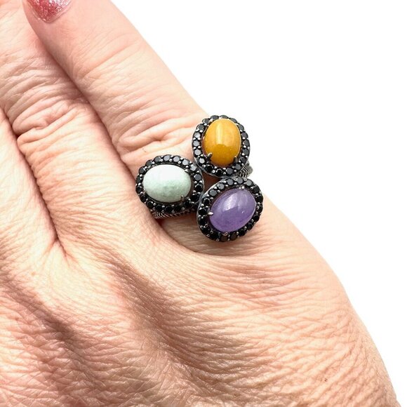 Jade of Yesteryear Womens Ring Sterling Silver Green Purple Yellow Jade Size 6 - Picture 2 of 4